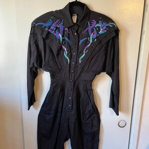IIF black beaded jumpsuit vintage size‎ 6 aqua purple embellished chest